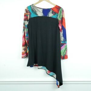 Women's Small Tunic Asymmetric Hem Quirky Artsy Funky Fairy Top Multicolor Y2K